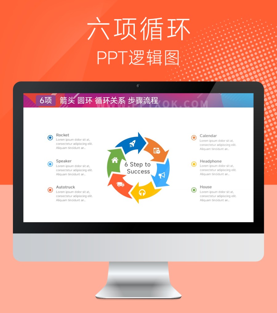 圆环箭头循环 六段文字环绕 PPT图示