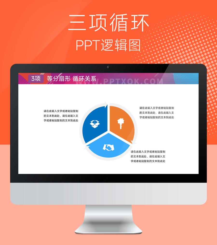 饼状三段文字并列环绕 循环关系 PPT图示