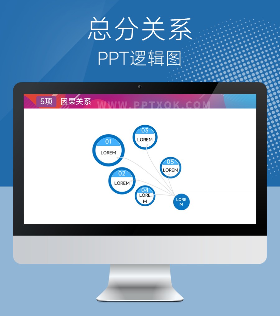 圆形五项总分关系PPT图示