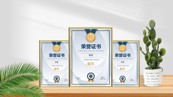 桌面三张荣誉证书PPT版式