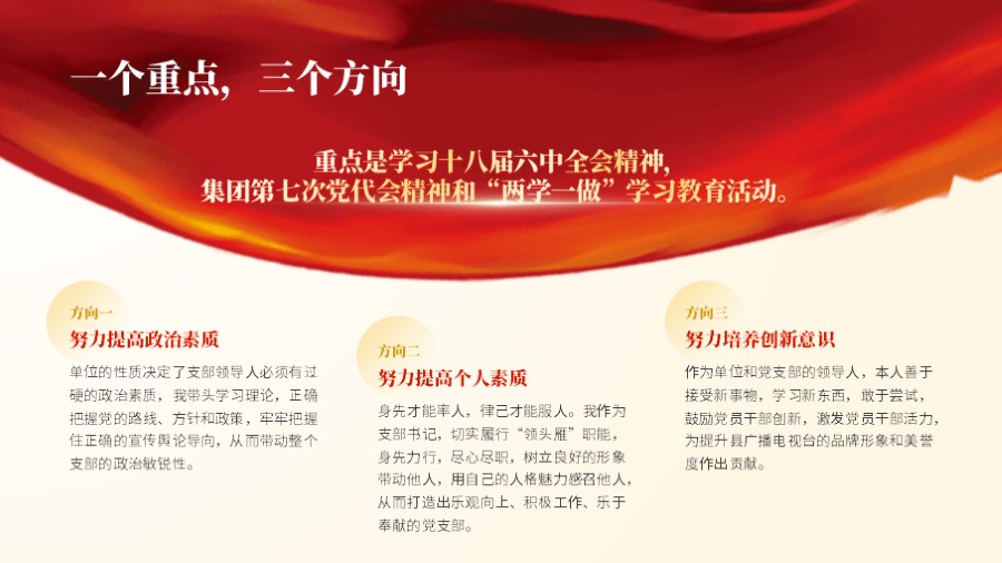 一个重点三个方向 红色党建PPT板式
