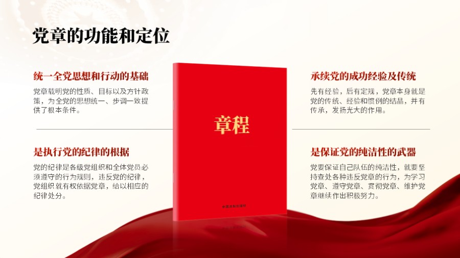 书本四项并列红色党建PPT板式